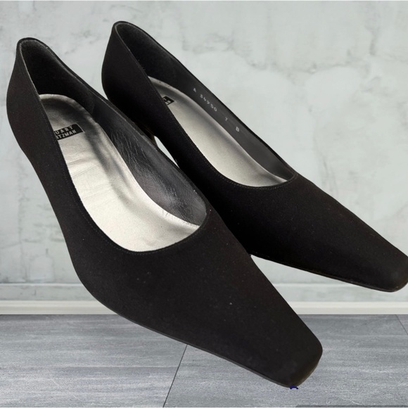 Stuart Weitzman Heels Pumps Vintage Black Fabric Square Toe Spool Heel - Picture 1 of 7